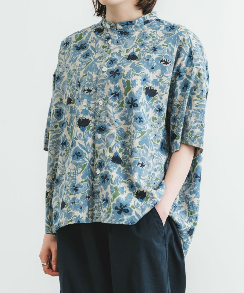 麻混花柄ptワイドスタンドシャツ【WOMEN】 | quadro (クオドロ