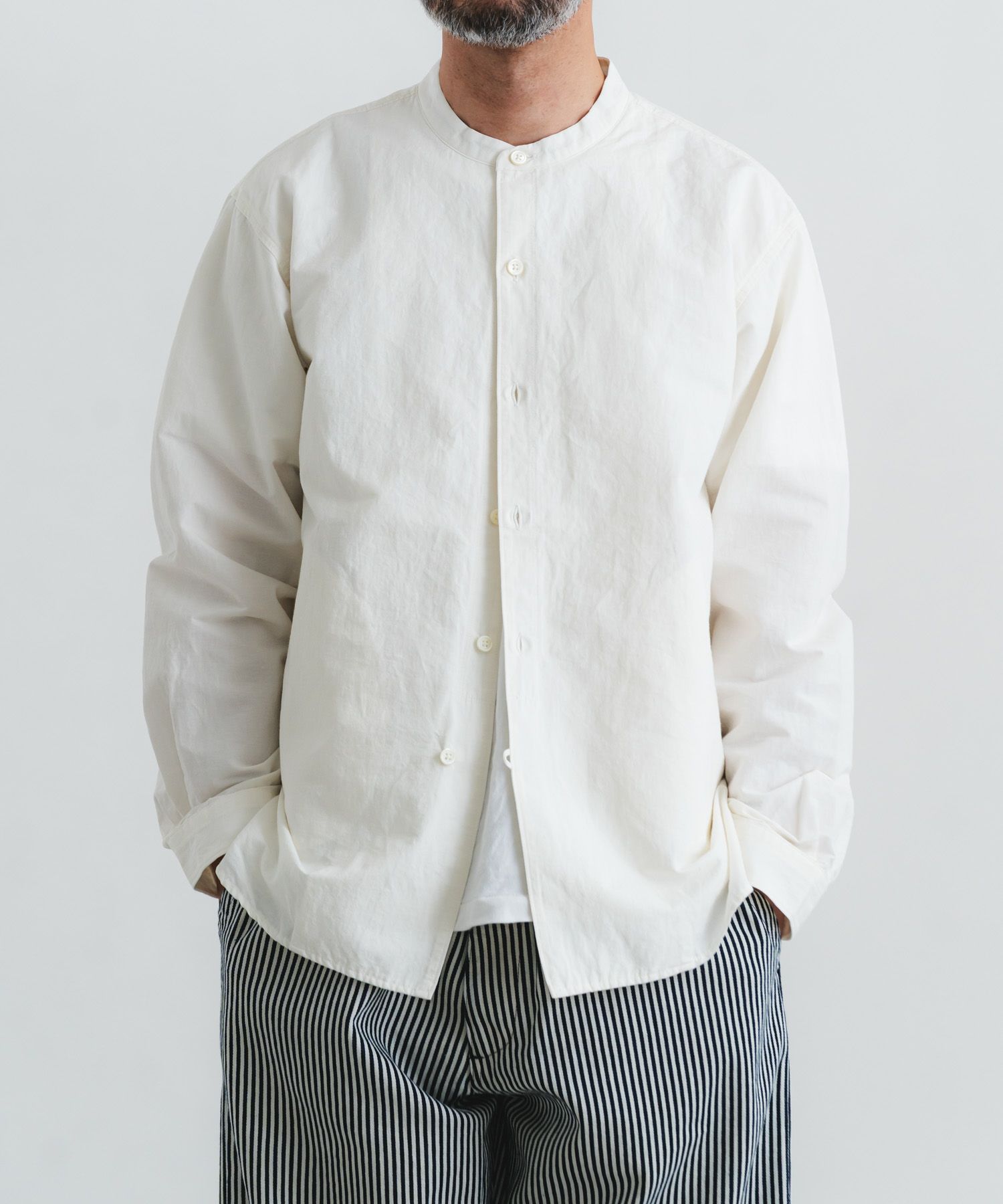 綿麻撥水高密度ローンシームポケスタンドオーバーシャツ | quadro