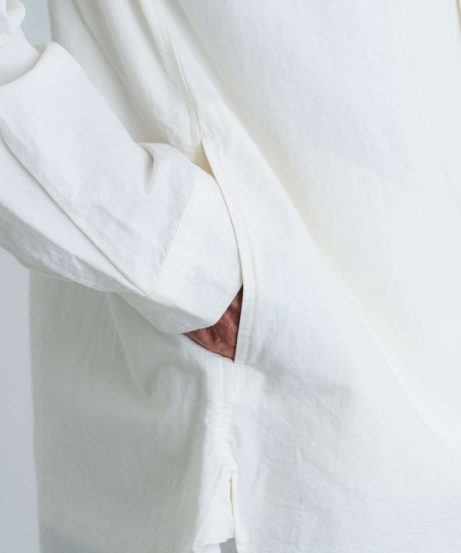 綿麻撥水高密度ローンシームポケスタンドオーバーシャツ | quadro